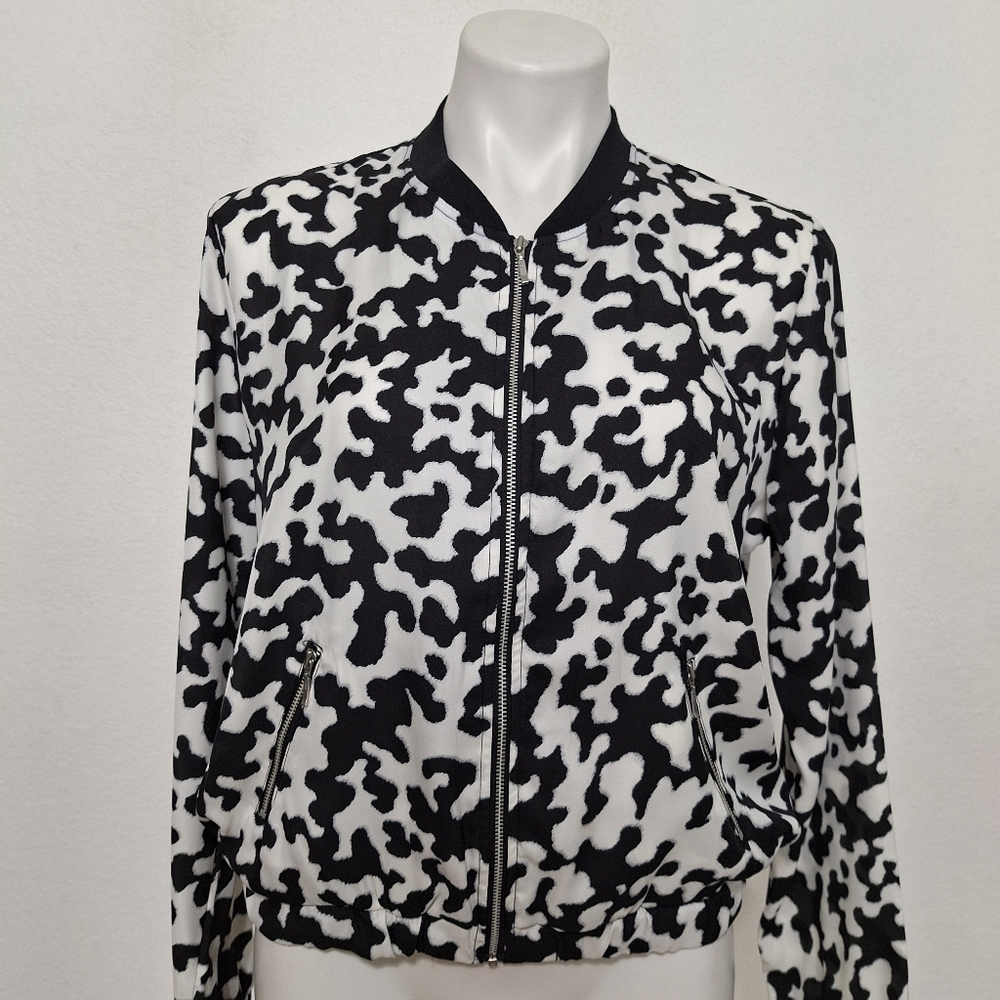 Bongo Vintage Black White Abstract Zip-Up Y2K Streetwear Bomber Jacket Size L